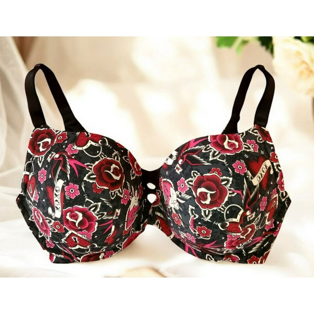 Torrid Curve Bra 40DDD Sexy Roses Cherubs Hearts Floral Black Pink Valentine XO